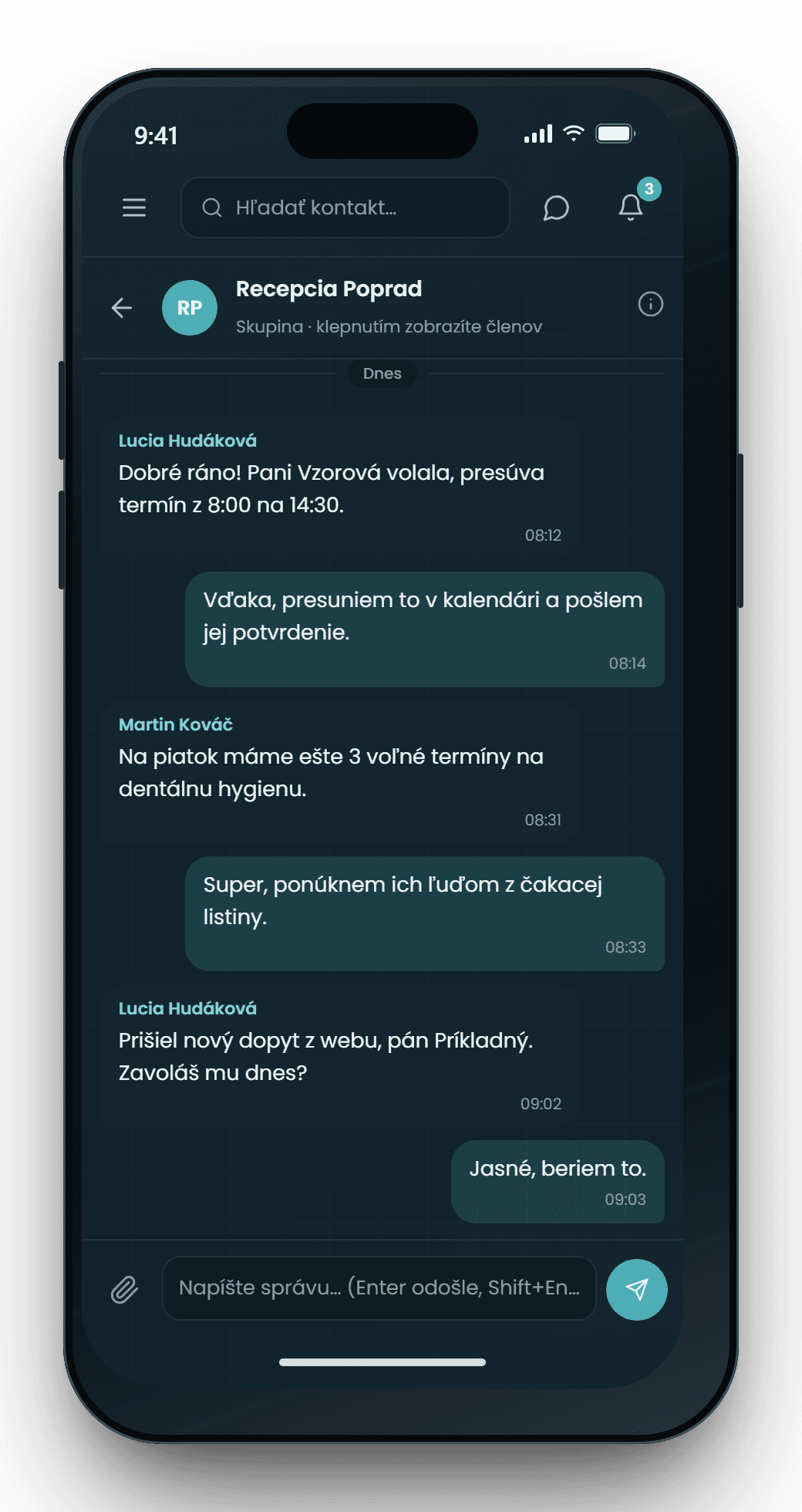 Tímový chat v CRM Ordevia – skupina Recepcia Poprad so správami kolegov