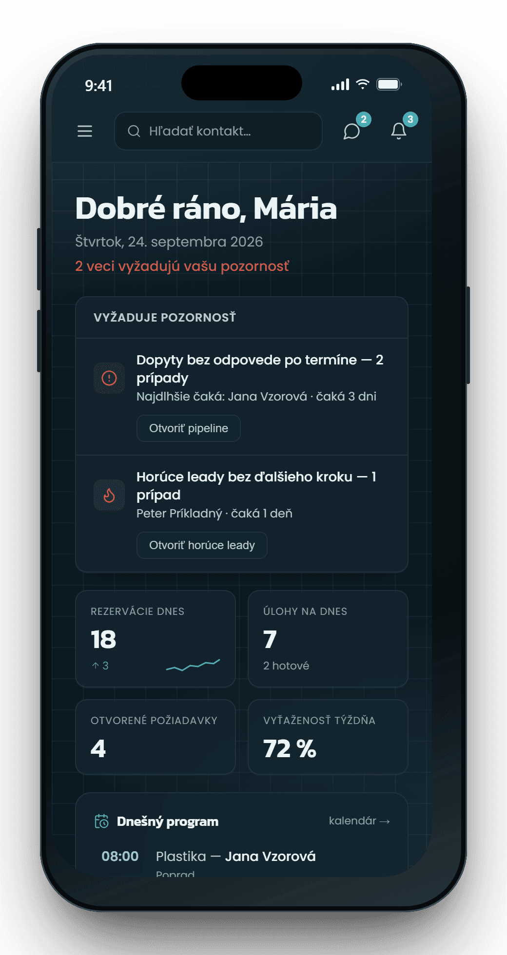 Prehľad dňa v CRM Ordevia – čo vyžaduje pozornosť, rezervácie a úlohy na dnes a program dňa